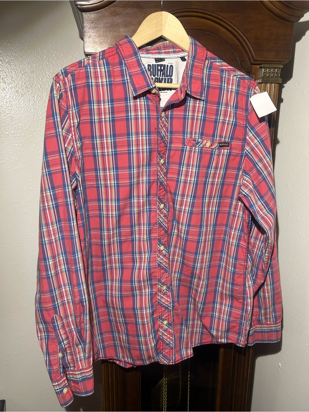 Buffalo David Bitton Red Plaid Button-Down Shirt with Blue and White Stripes L